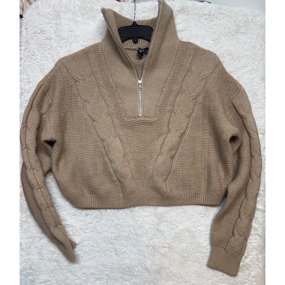 Windsor Sweater Womens Medium Tan Quarter Zip Cable Knit Cropped Excellent